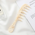 Portable acetate wide tooth hair comb with elegant cream marble texture finish - Yellow