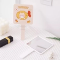 Pink handheld makeup mirror with cute cartoon cat and Yummy text on back - Corgi Fried Shrimp Style