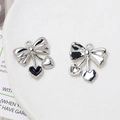 Detailed view of silver bow and black enamel heart pendant for DIY jewelry making - Black Enamel Heart Bow (6# Silver Tone)