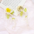 Detail of handmade beaded flower earrings with long pearl tassels and crystal drop accents - White