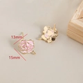 Detail view of 15mm pink camellia earrings with measurements and golden flower frame - Pink Rose Style (1#)