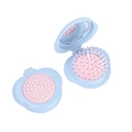 Portable light blue flower folding hairbrush with integrated mirror and pink cushion - Blue
