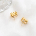 Close-up of gold-plated crown earrings with cubic zirconia inlay and hollow metal detail - Openwork Crown Style / Gold