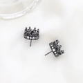 Macro detail of crown stud earrings in gunmetal finish with shimmering cubic zirconia - Openwork Crown Style / Gunmetal