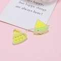 Macro detail of yellow and green resin watermelon earrings with golden metal studs - Yellow Green Watermelon