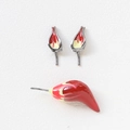 Detail of fox-themed earring and pendant set with red and yellow enamel on gunmetal finish - 3# Two Colorful Ears + One Tail (Gun Black Base)