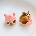 Detailed front and back view of pink enamel cat charms with purple heart stone eyes - Pink Helmet Gold Base (4#)