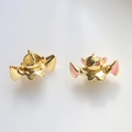 Detail of gold-plated bat earrings with pink enamel inlay and red eye accents - Gold Bat (1#)