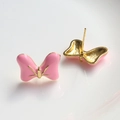 Close-up of pink enamel bow stud earrings with golden plating for DIY jewelry making - Pink Gold Base Bowknot (10#)