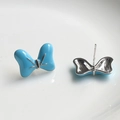 Detailed view of light blue bow stud earrings with polished silver needles - Blue Platinum Base Bowknot (11#)