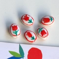 Detail of five handmade oval ceramic beads with red tulip pattern for DIY jewelry making - 2# Red Flower Oval Small