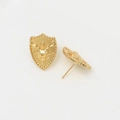 Macro detail of gold plated shield stud earring with deer head relief and beaded edge - 01# Gold Shield