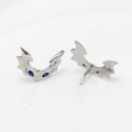 Detailed view of silver bat stud earrings with dark blue marquise zircon eyes - 02# White Silver Bat Style