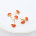 Detailed view of 5 orange enamel and gold plated half-round stud earring components - Orange Duck Mouth