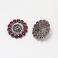 Macro detail of gunmetal floral studs with pink teardrop stones and white zircon accents - Gun Black Color Pink Zirconia (5#)