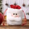 Plush Santa Claus Christmas linen drawstring gift bag on vintage wood background - Santa Claus