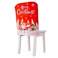 Christmas chair cover in red with Merry Christmas text and cartoon festive characters - English Alphabet Style