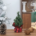 Mini green Christmas tree with red black buffalo plaid linen base for table decor - Red And Black Plaid Base Christmas Tree (15cm)