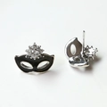 Detail of mask earrings with black enamel finish and sparkling zircon stones inlay - Black Mask with Silver Base