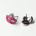 Detailed view of pink enamel fox mask earrings with sparkling zircon crown inlay - Pink Mask with Gun Black Base