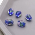 Detail of five oval blue lampwork glass beads with pink rose and gold foil for DIY jewelry - 5# Royal Blue