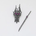 Detailed view of dragon-shaped mask jewelry set with pink crystal inlays in dark finish - Gun Black Mask And Sword / Gunmetal