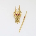 Detailed golden dragon head brooch with red gemstone eyes and matching long pin set - Gold Mask And Sword / Gold