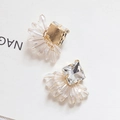 Handmade crystal earrings with square clear gemstone and wire-wrapped beads in gold finish - White (With Loop)