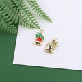 Detailed front and back view of red and green Christmas bell pendant with gold finish - Bell