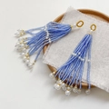 Detail of blue beaded tassel earrings with pearls and golden woven ear hooks on fabric - Single Piece / 11# Dark Blue