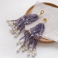 Macro shot of handmade beaded tassels with lavender seeds, white pearls and gold wire - Single Piece / 3# Dark Purple