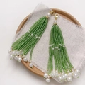 Elegant green beaded tassel earrings with white pearls and gold hardware finish - Lobster Clasp Style / 23# Grass Green