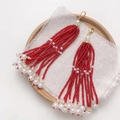 Handmade red beaded tassel earrings with white pearls and gold metal hooks - Lobster Clasp Style / 24# Dark Red