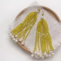 Handmade beaded tassel earrings in bright yellow with white pearls and gold lobster clasp - Lobster Clasp Style / 26# Fluorescent Yellow