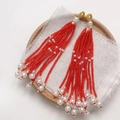 Traditional red beaded tassel earrings with white pearls and gold hooks for DIY jewelry - Single Piece / 27# Bright Red