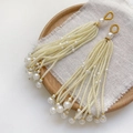 Elegant white pearl tassel earrings with golden silk wraps on a wooden tray - Single Piece / 12# Pale Yellow
