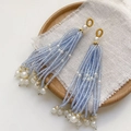 Handmade light blue beaded tassel earrings with white pearls on a rustic wooden tray - Single Piece / 14# Blue Purple