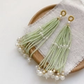 Elegant light green beaded tassel earrings with white pearls and gold hooks for women - Single Piece / 15# Dark Green