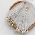 Elegant bohemian long beaded tassel earrings with white pearls and gold accents - Single Piece / White