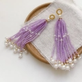 Lavender purple beaded tassel earrings with white pearls and gold circular hooks - Single Piece / 17# Bright Purple