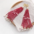 Handmade red beaded tassel earring with white faux pearls and gold ring accessory - Single Piece / 21# Pomegranate Red