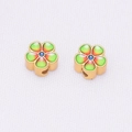Macro shot of gold floral beads with colorful enamel gradient and blue crystal center - Red and Green Gradient Five-Petal Flower Style