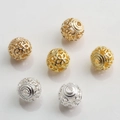 Detailed view of 10mm hollow gold and silver plated beads for DIY jewelry making - Textured Ring Hollow (Style No.4) / 18K Gold 10mm
