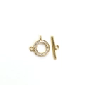 Detailed view of a 14K gold-plated clover OT toggle clasp with micro-set zircon accents - Toggle Clasp / 10mm / 14K Gold