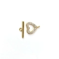 Macro view of a 14K gold-plated heart toggle clasp with micro-pave cubic zirconia crystals - Single Loop Heart Style / 10mm / 18K Gold