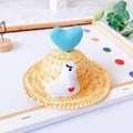 Close-up of a mini straw pet hat with a blue plush heart and cute white duckling decoration - S / Blue Heart