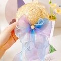 Detail von Haustier Strohhut mit großer bunter Organza-Schleife und Perle - XS / Blau-Violetter Schleifenhut