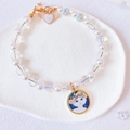 Detail of beaded pet necklace with white pearls, iridescent hearts and cat pendant - Yellow Hat Cat Pendant Necklace