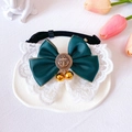 Detail of pet lace collar with dark green bow, anchor metal charm and golden bells - XS / Dark Green
