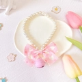 Pink bow and pearl pet necklace with heart pattern and bell detail on ceramic tray - Pink Bell Bow